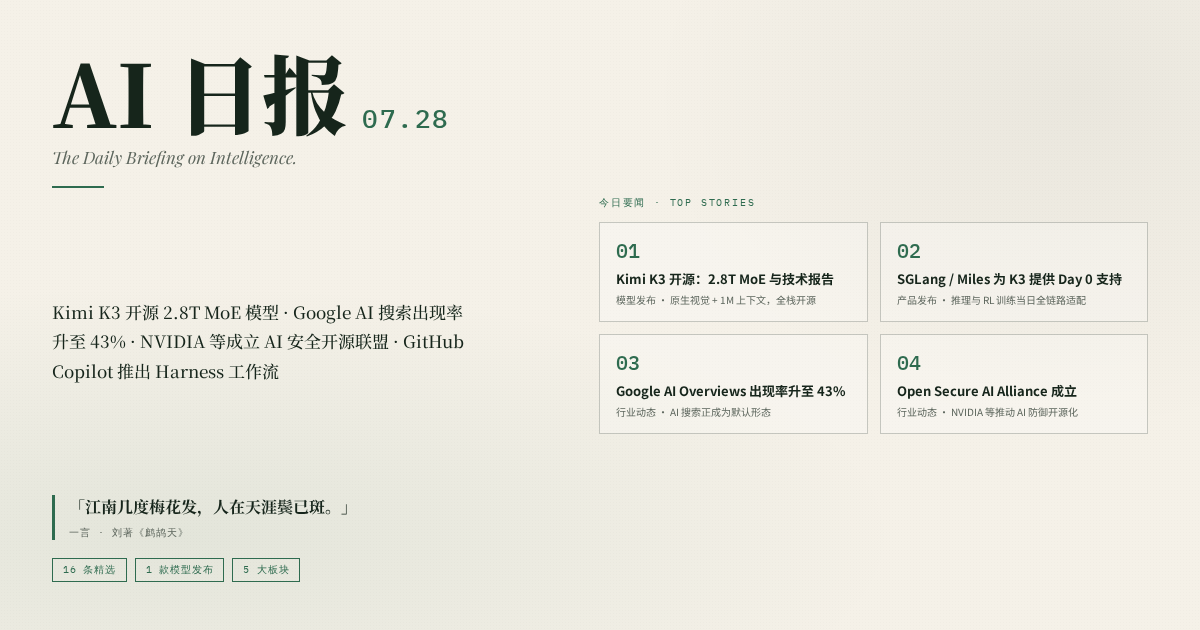 AI 日报 · 2026-07-28 · Kimi K3 开源与 AI 搜索加速普及